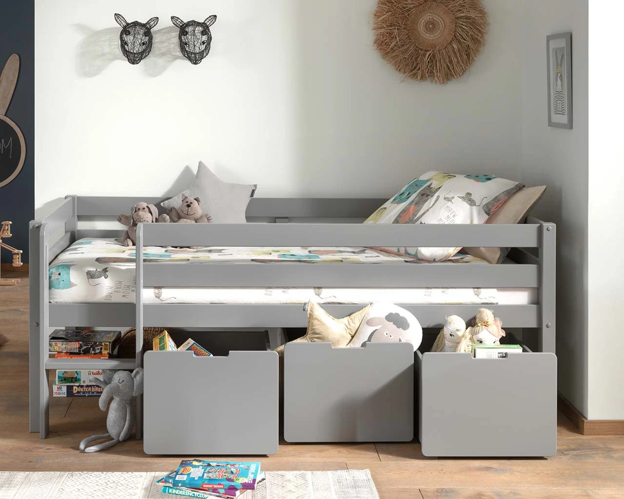 Breeze Solid Wood Low Midsleeper Bed In Grey 3 Breeze Solid Wood Low Midsleeper Bed In Grey - Image 3