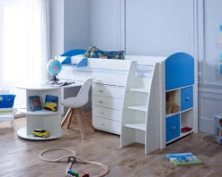 Eli Midsleeper With Pullout Desk, Chest And Cube Storage Unit -Room to Grow Eli 0016 E white blue 17280.1659445798