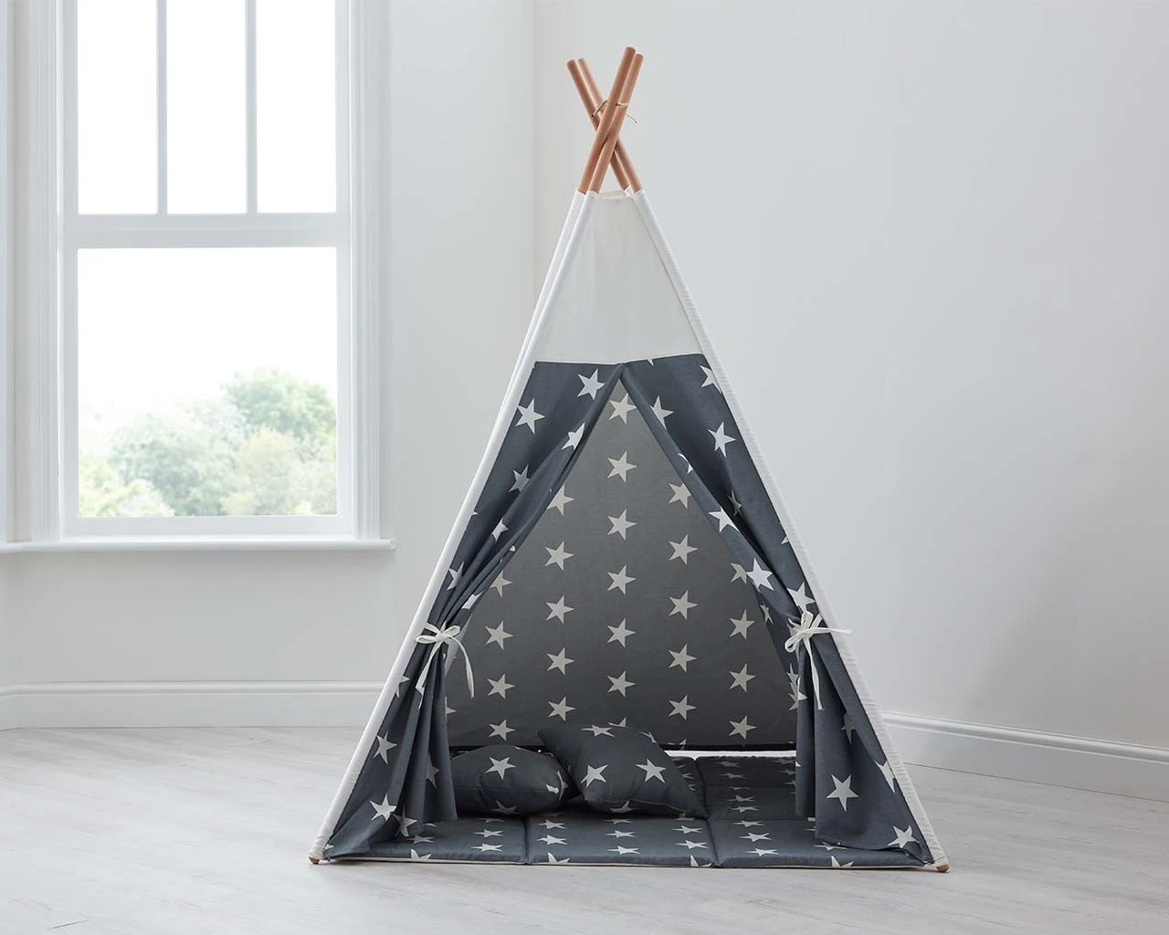Kids Teepee Tent, Cushions And Play Mat In Grey Star Print 1 Kids Teepee Tent, Cushions And Play Mat In Grey Star Print