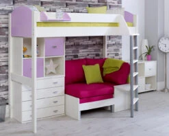 Noah High Sleeper With Chair Bed, Chest And Cube Storage Unit -Room to Grow Noah F White Lilac Pink 27158.1681812072