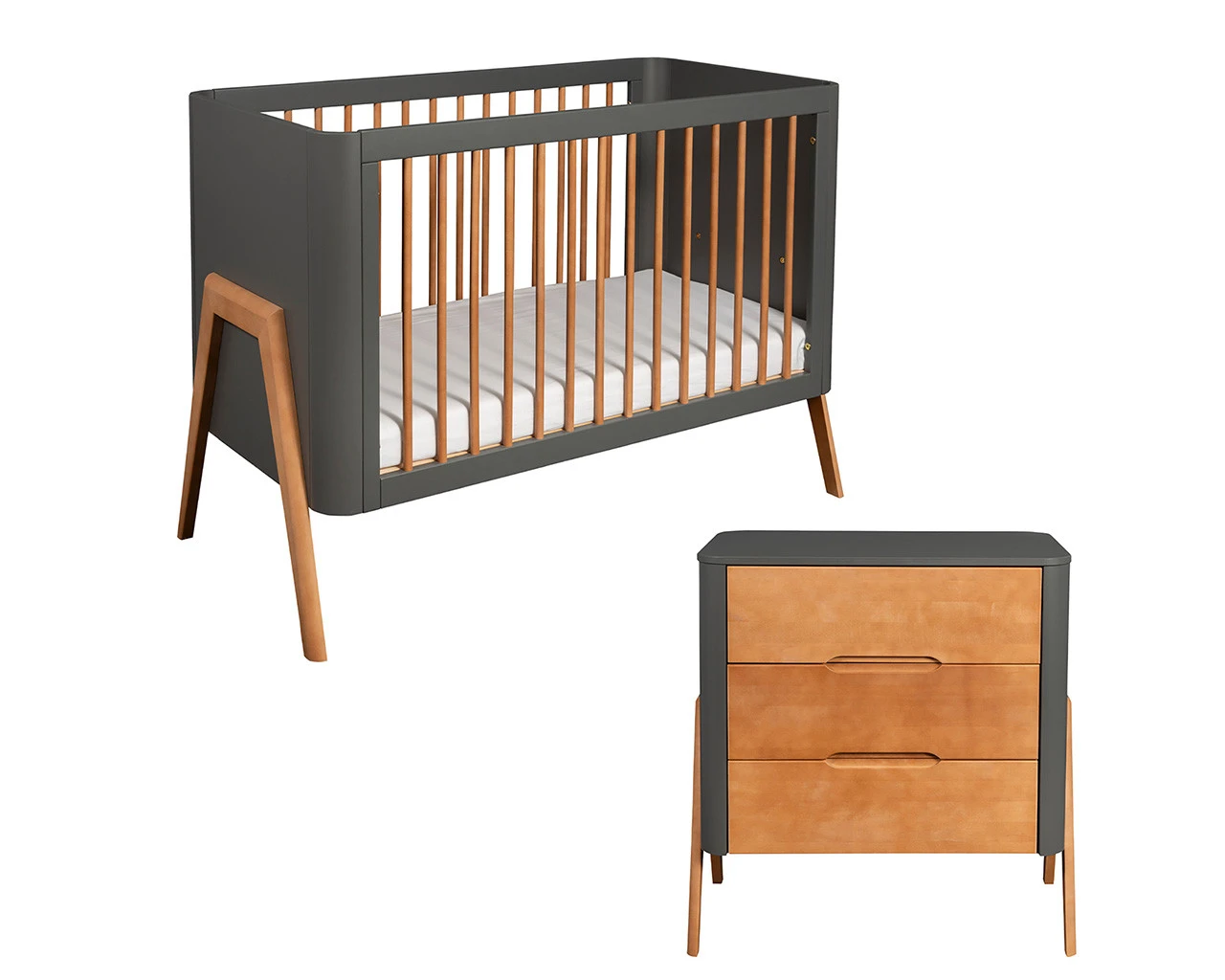 Torsten 2 Piece Nursery Set- Cot Bed & 3 Drawer Chest Grey / Teak